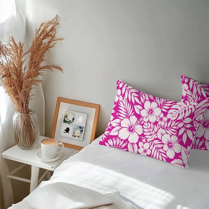 Pink Hibiscus Flowers Waterproof Outdoor Pillow Covers Set of 2 Home Decor, Tropical Monstera Leaves Lumbar Pillowcase Patio Pillow Covers for Couch Bench Patio Furniture Garden 20x12in