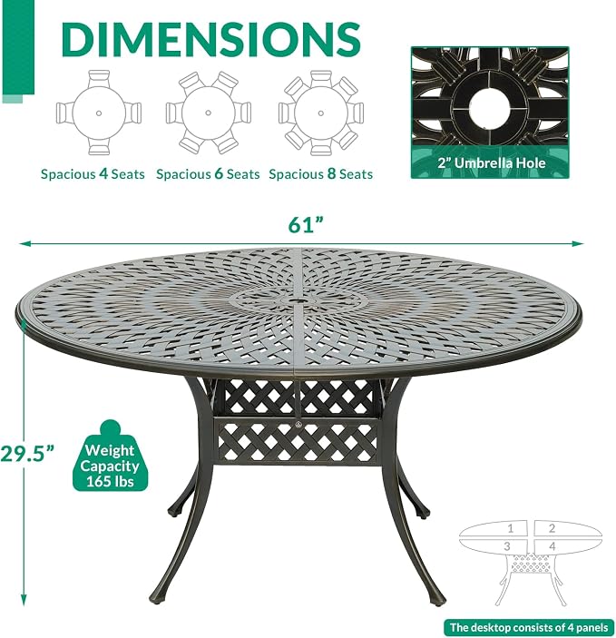 VIVIJASON Large 61" Patio Dining Table, Outdoor Round Dining Table Fits for 6-8 Person, Dark Bronze Cast Aluminum Rustic Patio Furniture Table with Umbrella Hole for Balcony, Porch and Deck