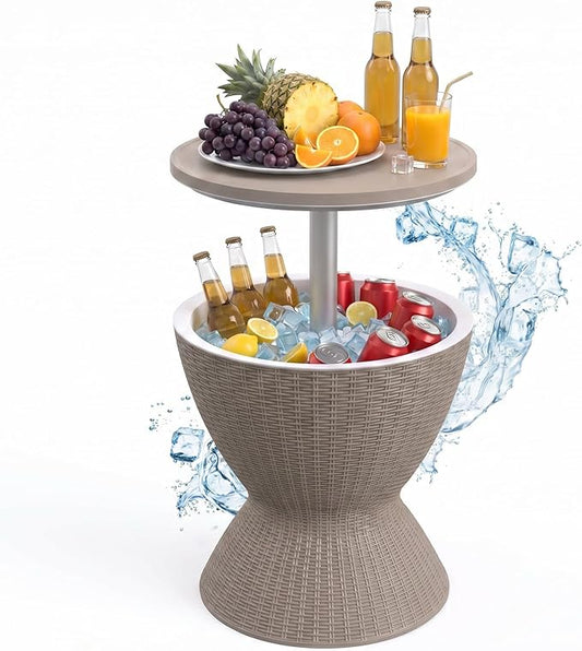 EFU Cooler Table, 8 Gallon Cooler Bar Table, Adjustable Height Multi-Functional Outdoor Cool Bar for Drinks Beer & Wine, with Drain Plug, Patio Furniture for Backyard, Pool, BBQ & Party (Light Brown)
