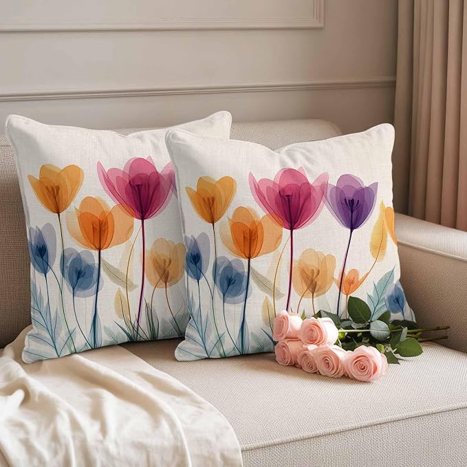 Spring Outdoor Waterproof Throw Pillow Covers Set of 2, 26"x26", Floral Cartoon Multicolor Tulips Leaf Retro Decorative Pillow Covers Outside Cushion Case for Patio Porch Garden