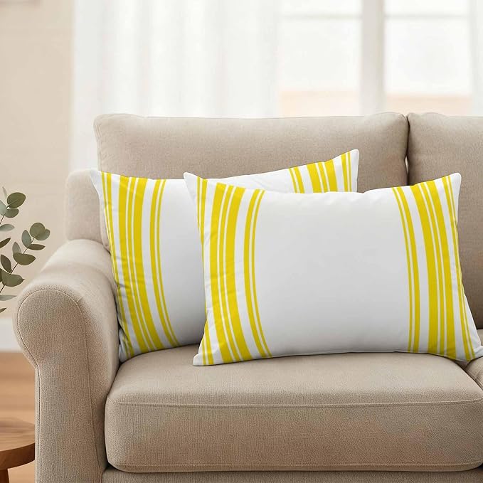 Outdoor Waterproof Throw Pillow Covers Set of 2 Yellow Stripes Lumbar Pillowcases 20x12 Inches White Vertical Striped Decorative Pillows Cushion Case Patio Pillows for Couch Bed Chair Garden