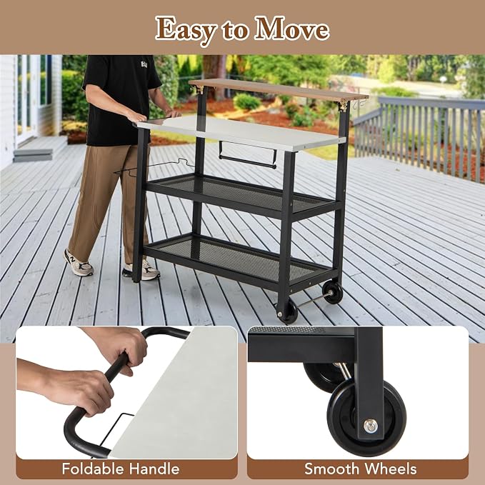Giantex Outdoor Grill Cart, Pizza Oven Stand with Flip up Bar Table, 4-Shelf Food Prep Cooking Station with Hooks, Trash Bag Holder, Paper Towel Holder, Heavy Duty Movable Dining Table with Wheels