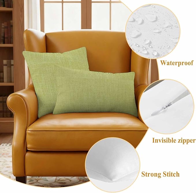 Outdoor Waterproof Throw Pillow Covers Set of 2 Fruit Green Linen Pillowcases 24x24 Inches Farmhouse Pure Color Decorative Pillows Cushion Case Patio Pillows for Couch Bed Chair Garden