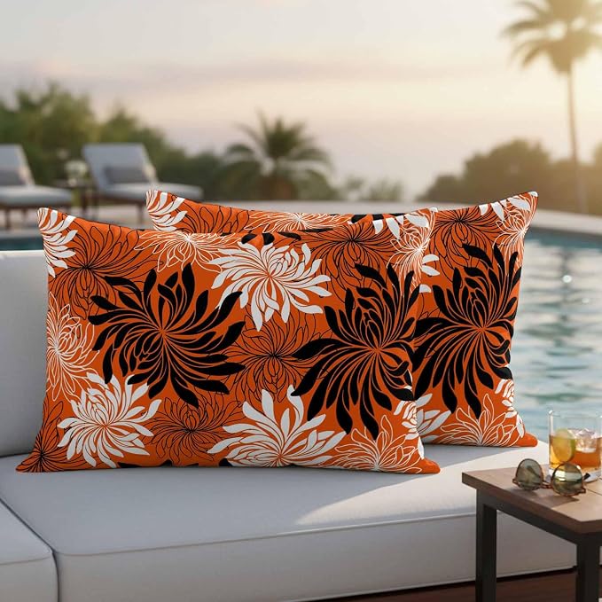 Yukro Orange Black Floral Outdoor Waterproof Pillow Covers Pack of 2, Vintage White Black Flower Orange Decorative Throw Pillowcases Cushion Covers for Garden Patio Tent Sofa Couch, 20x12 inch