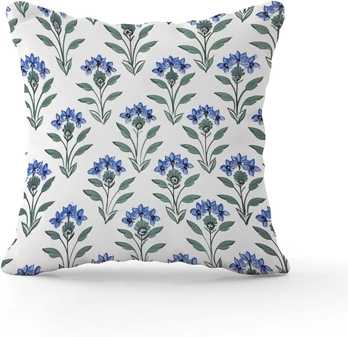 Cushion Cases Mughal Flower Throw Pillow Covers Farmhouse Blue Lotus Floral Pillow Cover Accent Outdoor Garden Decoration for Sofa Patio Couch 20x20 in