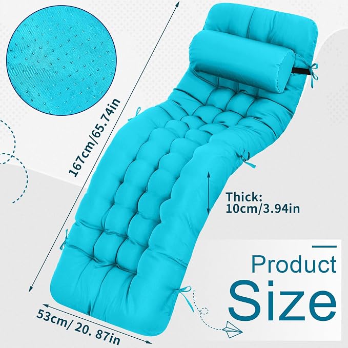 Tudomro Outdoor Chaise Lounge Cushion 66x21x4'' Waterproof & Fade-Resistant Patio Pool Chaise Lounge Cushion Headrest Pillow Tie Replacement Rocking High Back Chair(Turquoise,1 Pcs)