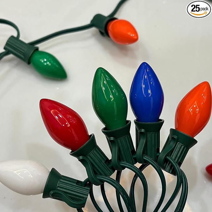 C7 Multicolor Ceramic Christmas Lights Outdoor, 26Ft Vintage Christmas Decorations Lights with 27 5W Incandescent Ceramic Bulbs(2 Spare), Hanging Old Fashioned String Lights for Patio Party Xmas Decor