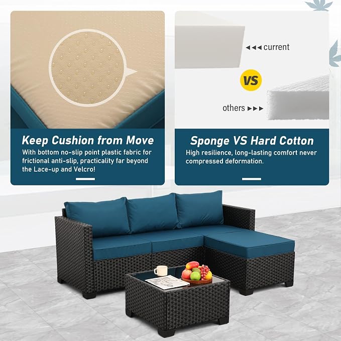 Oasishine 3 Pieces Patio Furniture Set Outdoor Sectional Wicker Patio Furniture Patio Couch with Ottoman and Outdoor Glass Table Weathering Anti-Slip Cushions Waterproof Covers, Peacock Blue