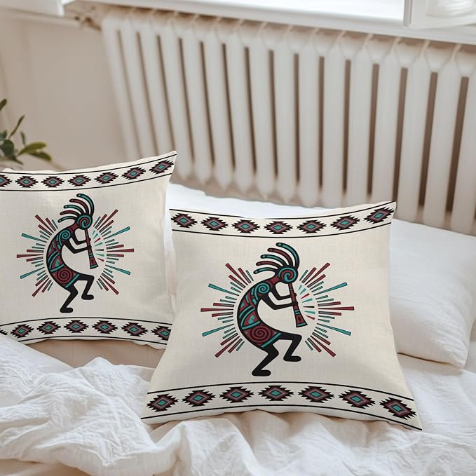Boho Southwest Waterproof Outdoor Throw Pillow Covers 18''x18'' Pack 2, Aztec Ethnic Native Human Ethnic Plaid Pillow Cases Throw Cushion Cover with Zipper, Washable Pillowcase for Poolside Sofa