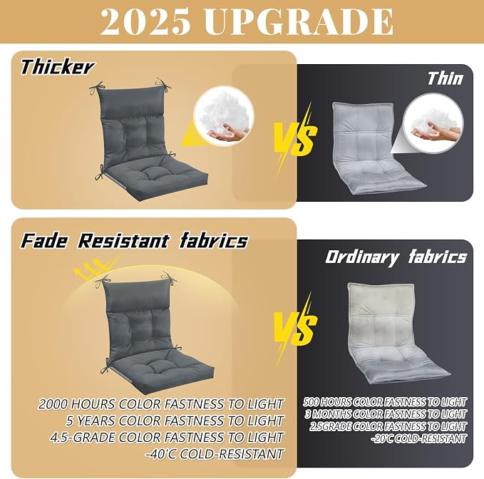 Sintuff 44 x 21 x 4 Patio Chair Cushions Outdoor Chair Cushions Seat/Back Tufted Pillow with Ties All Weather Replacement Indoor Patio Furniture Outdoor Furniture(Dark Grey,4 Pcs)