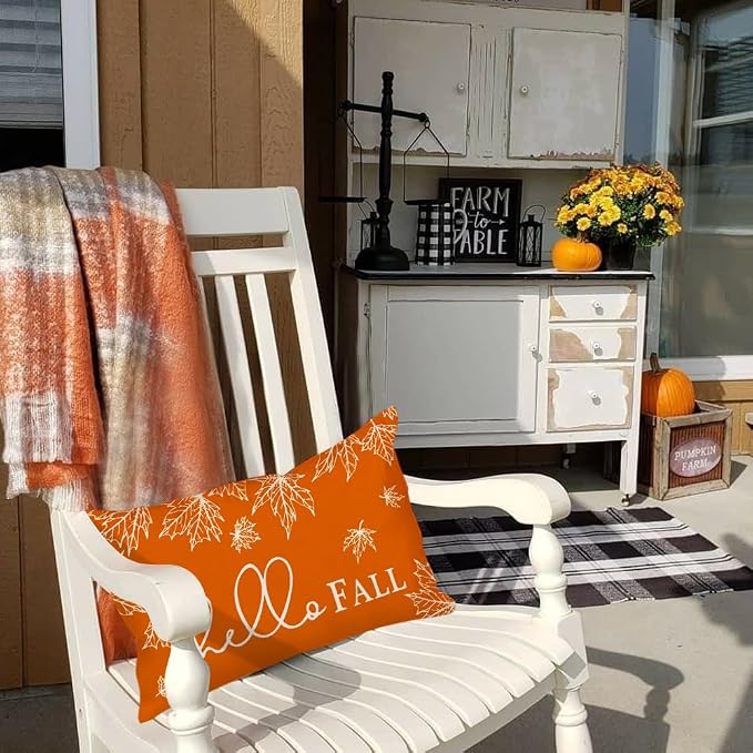 RABUSOFA Fall Pillow Covers 12x20 Inch Set of 2 Thanksgiving Autumn Orange Hello Pumpkin Maple Leaf Lumbar Harvest Outdoor Throw Cushion Cases Seasonal Fall Farmhouse Decorations for Home Couch Patio