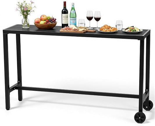Outdoor Bar Table, 63" High Top Table with Wheel, Portable Bar Counter Height Table Weather Resistant Waterproof Top Outdoor Tables with Powder Coated Steel Framefor Tub,Garde,Poolside