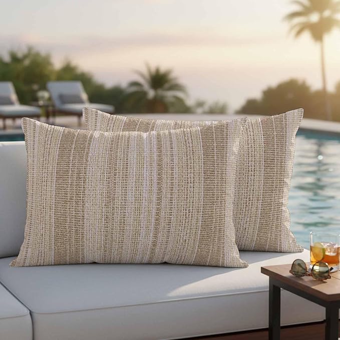 Abstract Beige Outdoor Pillow Covers 20"x12" Set of 2, Rustic Farmhouse Minimalist Beige Vertical Striped Lines Waterproof Throw Pillow Covers for Patio Furniture, Decorative Cushion Covers for Porch