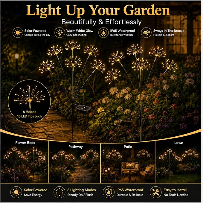 Solar Firework Garden Lights with 8 Modes, IP65 Waterproof Garden Decoration Lights