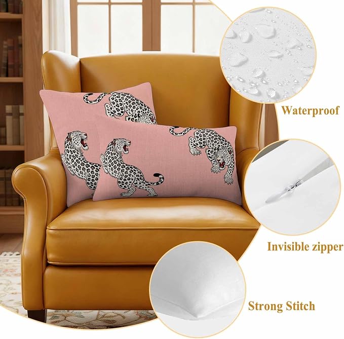 Yukro Pink Leopard Outdoor Waterproof Pillow Covers Pack of 2, Modern Style Wild Animal Rustic Linen Texture Throw Pillowcases Decorative Cushion Covers for Garden Patio Tent Sofa Couch, 26x26 inch