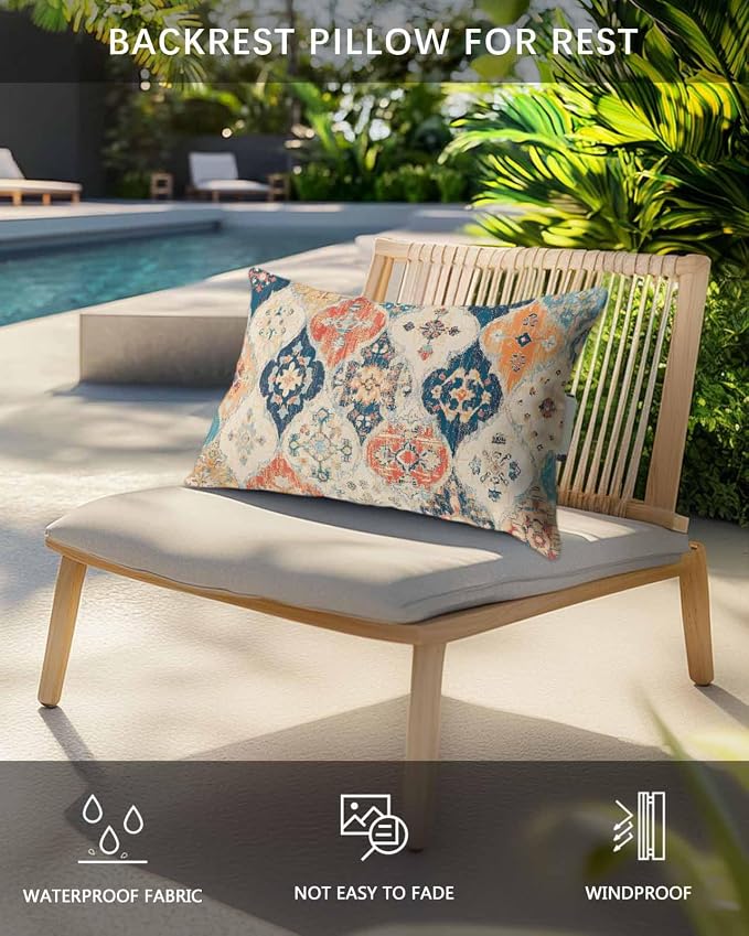 Pack of 2 Outdoor Lumbar Cushions with Inserts, Boho Vintage Abstract Art Rustic Morocco Texture Waterproof Fluffy Fade Body Pillows, Patio Furniture Pillow for Home Balcony Garden Decor 12x20IN