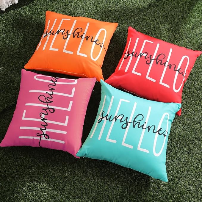 DFXSZ Hot Pink Outdoor Waterproof Pillow Covers 20x20 Set of 2 | Hello Sunshine Decor Spring Summer Polyester Pillow Covers(NO INSERTS)| Decor for Patio Funiture Garden Sofa Couch