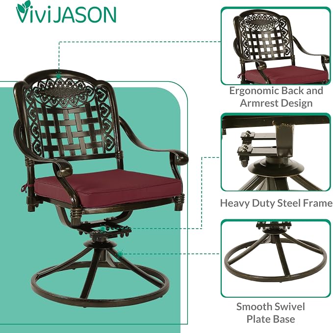 VIVIJASON 9-Piece Outdoor Dining Set, Cast Aluminum Patio Table & Chair Furniture Set for 8, Include Large 64" Square Dining Table, 2 Swivel Rocker Chairs, 6 Stationary Chairs, Umbrella Hole, Red