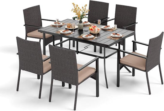 PHI VILLA 7 Piece Patio Dining Set, 60” Rectangular Table, Rattan Chairs | Outdoor Dining Set for 6, Metal Dining Table with Umbrella Hole, Wicker Chairs with Cushions for Patio, Deck, Porch