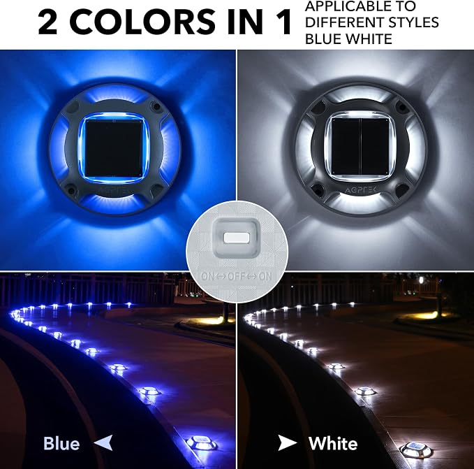 AGPTEK Solar Driveway Lights Outdoor 24 Pack, 2 Color Modes LED Deck Dock | Marine Waterproof Driveway Marker Lights for Step Sidewalk Stair Garden Pathway Walkway Yard (Blue Light/Cool White)