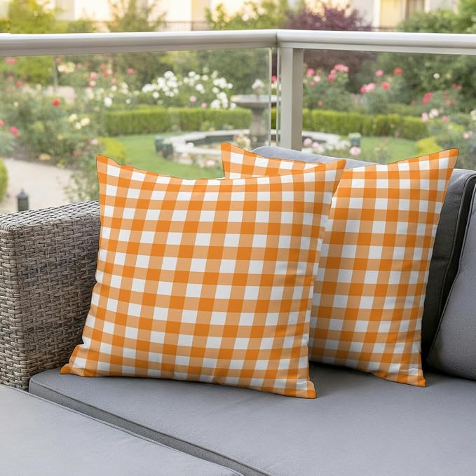 Orange Checks Outdoor Pillow Covers 26"x26" Set of 2, White Gingham Plaid Abstract Modern Summer Waterproof Throw Pillow Covers for Patio Furniture, Decorative Cushion Covers for Porch
