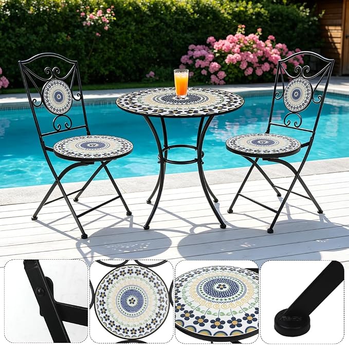 Folding Patio Chairs Set of 2 Mosaic Bistro Chair Outdoor Seating | Garden Patio Furniture Seating Heavy Duty Metal Frame Dining Chairs for Lawn Yard Balcony Porch Backyard Poolside