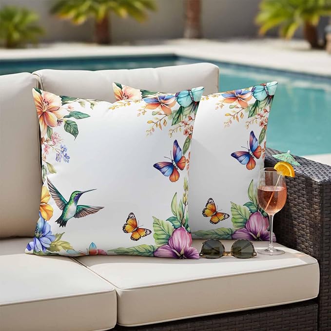 Spring Flowers Bird Outdoor Waterproof Throw Pillow Covers Set of 2, 20"x20", Hummingbird Butterfly Rustic Decorative Pillow Covers Outside Cushion Case for Patio Porch Garden