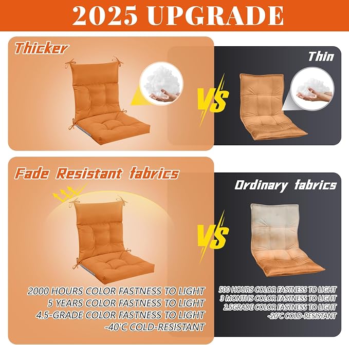 Sintuff 2 Pcs 44 x 21 x 4 Outdoor Chair Cushion Patio Chair Cushions Seat/Back Tufted Pillow with Ties Water Resistant Replacement Indoor Patio Furniture Outdoor Furniture (Solid Color,Orange)