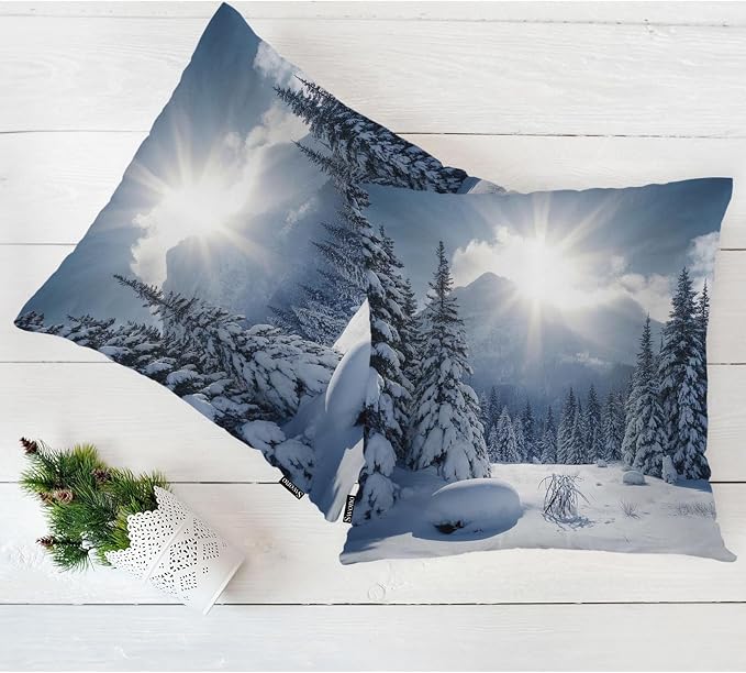 Swono Winter Landscape Throw Pillow Cases, Nature Snowy Mountain Fir Trees Sunshine Set of 2 Decorative Throw Pillow Cover, Square Pillow Cushion Case Home Decor for Sofa Couch Bed Car 18x18 Inches