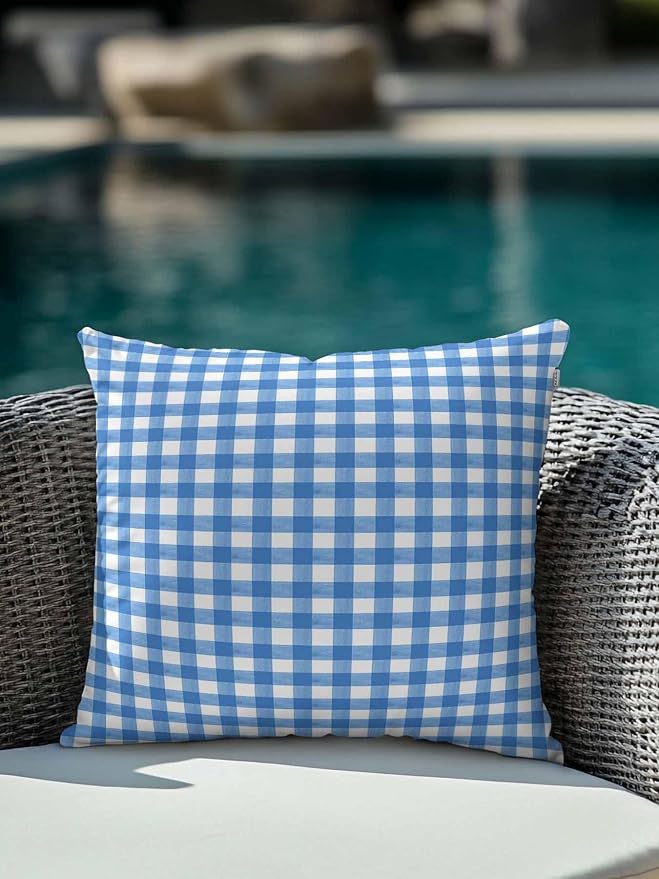 Outdoor Waterproof Throw Pillows Light Blue Gingham Check Patio Pillows,Decorative Pillow Covers with Insert,Pillow Cushion Case for Garden Couch Sofa Country Classic Plaid