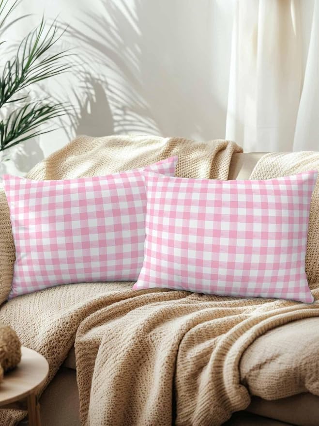 Outdoor Waterproof Throw Pillows Pink Geometric Plaid Patio Pillows Pack of 2,Decorative Pillow Covers with Insert,Pillow Cushion Case for Garden Couch Sofa Rustic Minimalist Checkered
