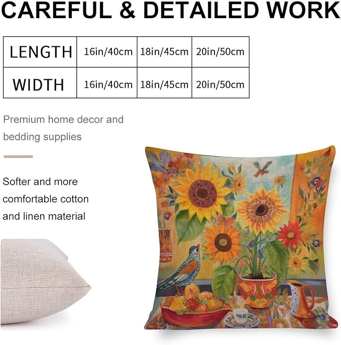Pillow Covers Standard Size Colorful Painting of Sunflowers Pillow Case 20"x20" Retro Yellow Flower Throw Pillow Covers Pillowcase for Couch Sofa Bedroom Car Living Room Cutton Linen Cushion Cases