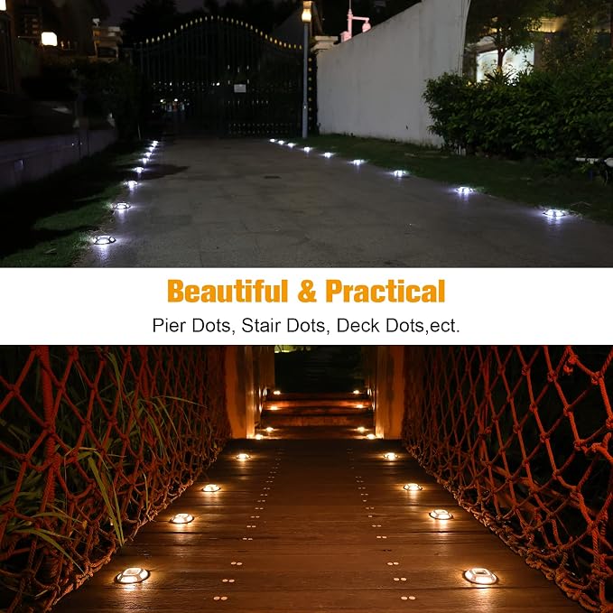 VOLISUN Solar Driveway Marker Lights Dock Marine Led Deck Outdoor 4 Pack | 2 Colors in 1,Solar Powered Waterproof Warning Step Lights for Pathway Garden Sidewalk(White/Warm White)