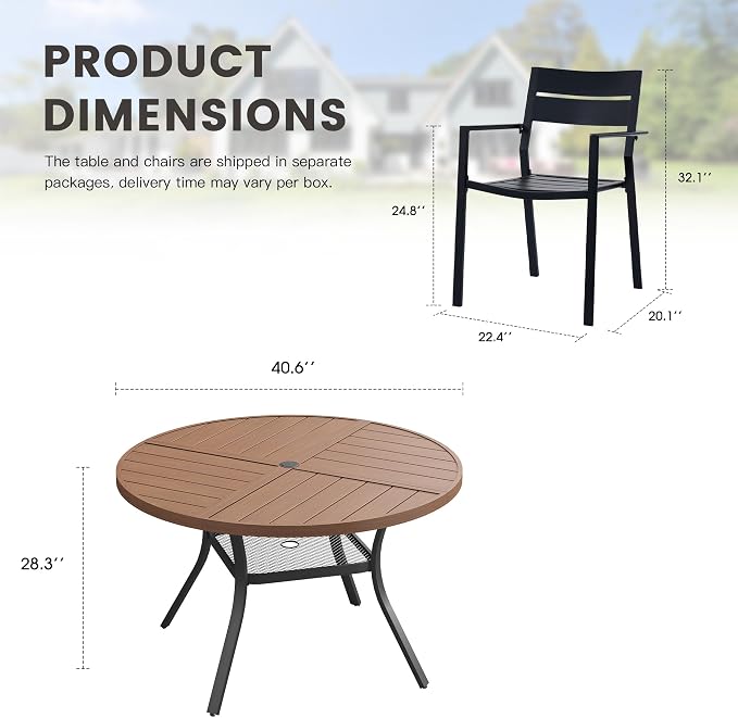 Patio Dining Set for 4, Round 40.7" Patio Dining Table and Stackable Outdoor Dining Chairs Outdoor Furniture for Backyard Porch Deck, Spliced Walnut Table and Black Chairs