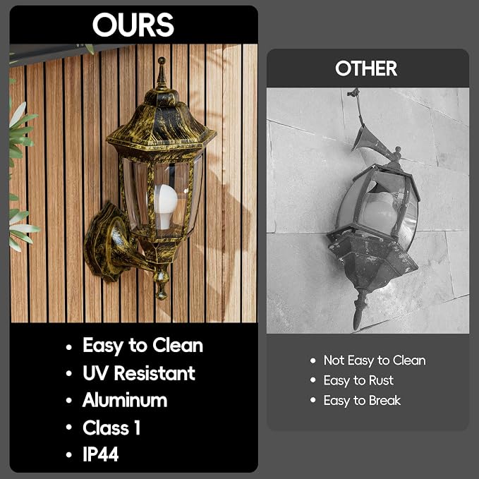EMART Dusk to Dawn Outdoor Porch Light with Bulb, Wall Lamp(2 Pack, Gold) | Exterior Anti-Corrosion, Waterproof Aluminum & Glass Shades, Modern Sconce Lantern Fixtures for Outside, House, Garage