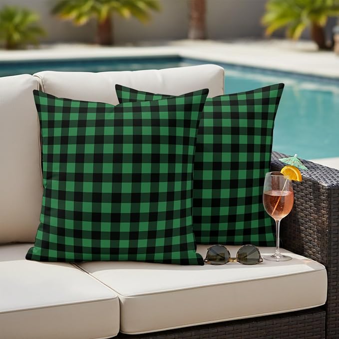 Forest Green Checks Outdoor Pillow Covers 26"x26" Set of 2, Black Gingham Plaid Abstract Modern Waterproof Throw Pillow Covers for Patio Furniture, Decorative Cushion Covers for Porch