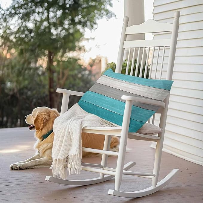 Outdoor Throw Pillow Covers 12X20 Set of 2 Waterproof Ombre Aqua Blue Gray Decorative Zippered Cushion Covers for Patio Furniture, Farmhouse Retro Rustic Barn Wood Texture Lumbar Pillowcases
