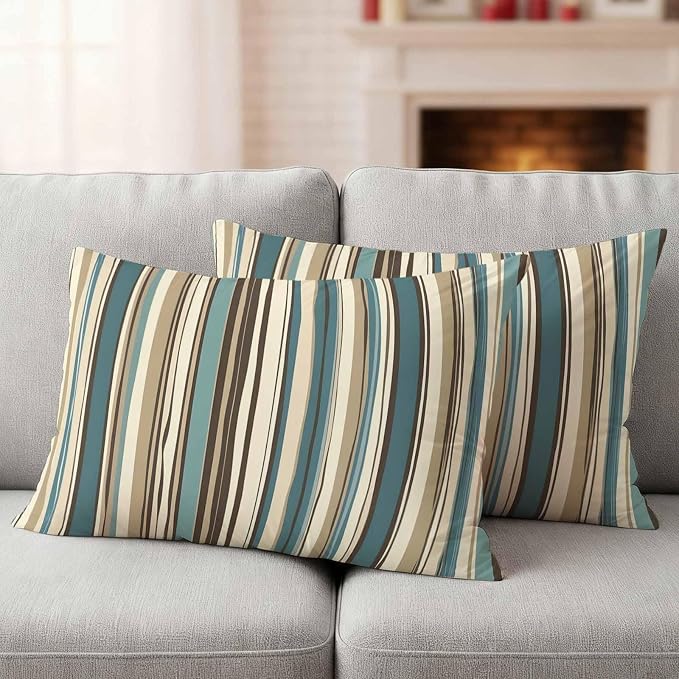 Boho Vertical Stripes Outdoor Waterproof Throw Pillow Covers Set of 2, 20"x12", Green Beige Simple Lines Decorative Pillow Covers Outside Cushion Case for Patio Porch Garden