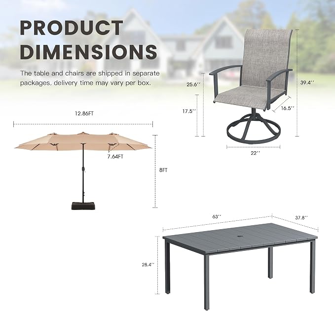7 Pieces Patio Dining Set with Patio Umbrella, Outdoor Furniture of 63" Rectangular Patio Table and Patio Swivel Chairs for Backyard Lawn Garden, Dark Grey Table and Grey Chairs