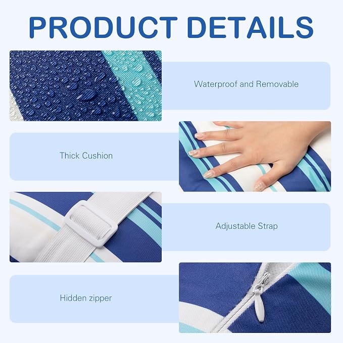 Lineshading 4 Pcs Chaise Lounge Pillow with Strap Outdoor Waterproof Pool Chair Neck Headrest Pillows with Adjustable Elastic Band for Beach Patio Chair Recliner(Blue,Stripe)