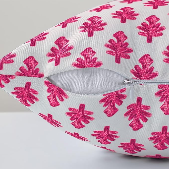 Outdoor Pillow Covers 18x18 Set of 2 Boho Hot Pink Floral Accent Print Decorative Throw Pillow Cases for Outdoor Waterproof Patio Furniture Garden Porch Sofa Bed Cushion Covers Home Decor JB005-F18