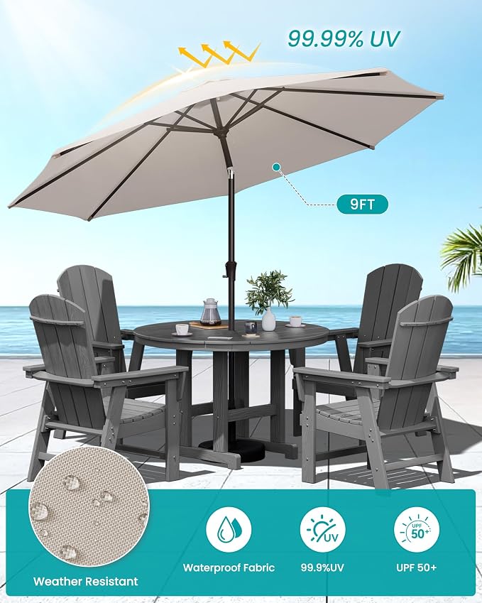 SERWALL 6-Piece Patio Dining Sets with Umbrella, HDPE Outdoor Table and Chairs Furniture Set, 45" Round Dining Table & 4 Adirondack Dining Chairs & 1 9FT Umbrella, Grey(Not Include Umbrella Base)