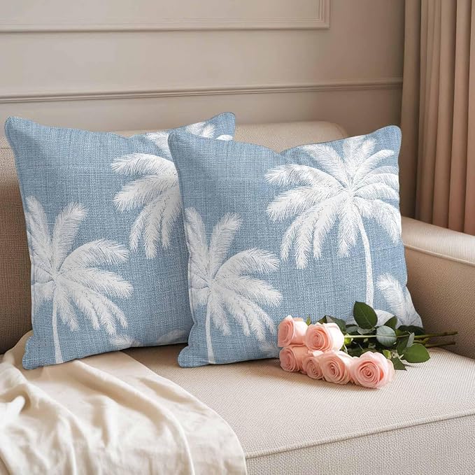 Outdoor Pillow Covers 26x26 Inch Set of 2, Light Blue Palm Trees Waterproof Throw Pillow Covers, Farmhouse Tropical Summer Beach Decorative Cushion Pillowcases for Couch, Sofa, Bed, Garden, Patio