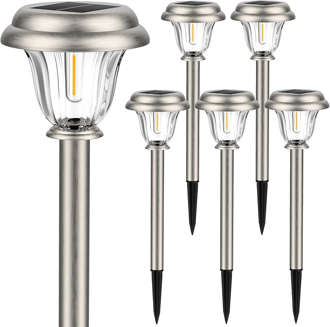 DERAYSION Solar Lights Outdoor Pathway, 6 Pack Stainless Steel Glass Solar Garden Lights, Auto On/Off Long-Lasting Waterproof Outdoor Solar Lights for Yard, Landscape, Path, Driveway, Walkway Décor | IP65 Waterproof Garden Lights Glass Stainless Steel ...