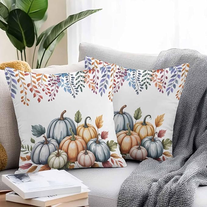 Orange Fall Pumpkins Outdoor Waterproof Pillow Covers, Eucalyptus Leaves Country Farmhouse Decorative Square Throw Pillowcase Sofa Cushion Sham for Patio/Couch/Chair, 26"x26" 2 Pack