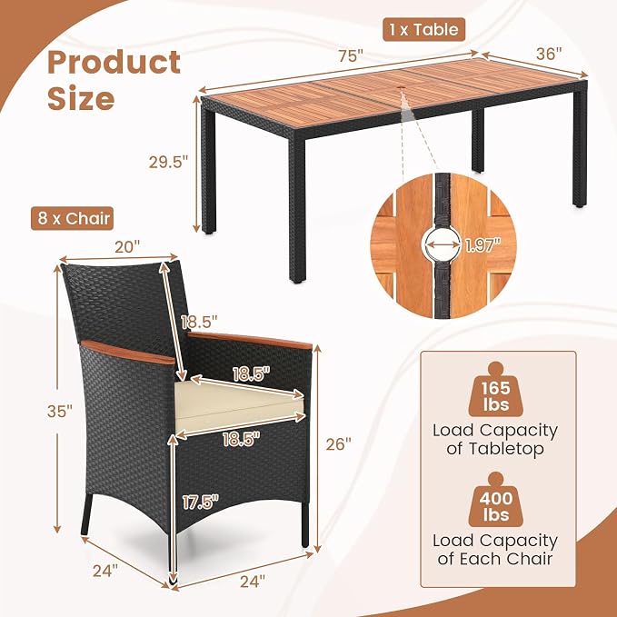HAPPYGRILL 9 Pieces Outdoor Dining Set for 8, Patio Conversation Set with Acacia Wood Tabletop, Umbrella Hole, Washable Seat Cushions, Rattan Dining Table & Chair Set for Garden Yard Poolside