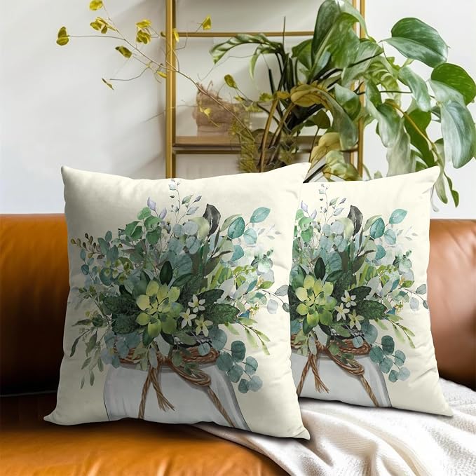 Watercolor Eucalyptus Leaves Pillow Covers Set of 2, 16x16 Inch Spring Summer Natural Green Plant Floral Cotton Square Pillow Case Soft Cushion Cover for Couch Sofa Living Room