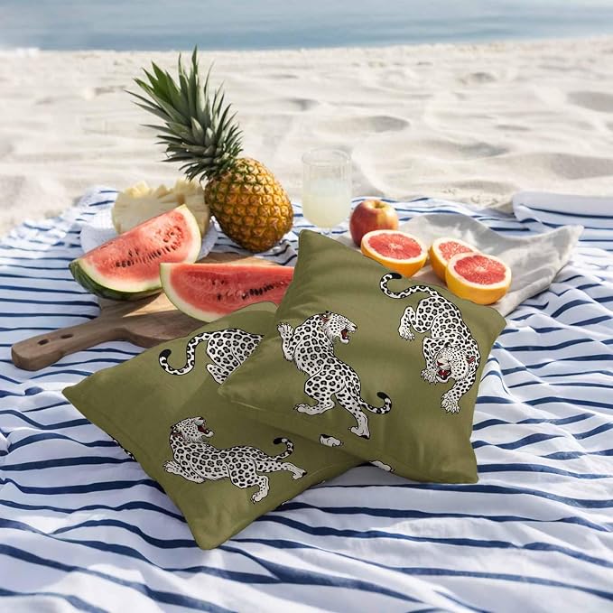 Vandarllin Outdoor Throw Pillows Covers 18x18 inch Set of 2 Waterproof Green Leopard Decorative Zippered Cushion Covers for Patio Furniture, Bohemian Animal Print Lumbar Pillowcases