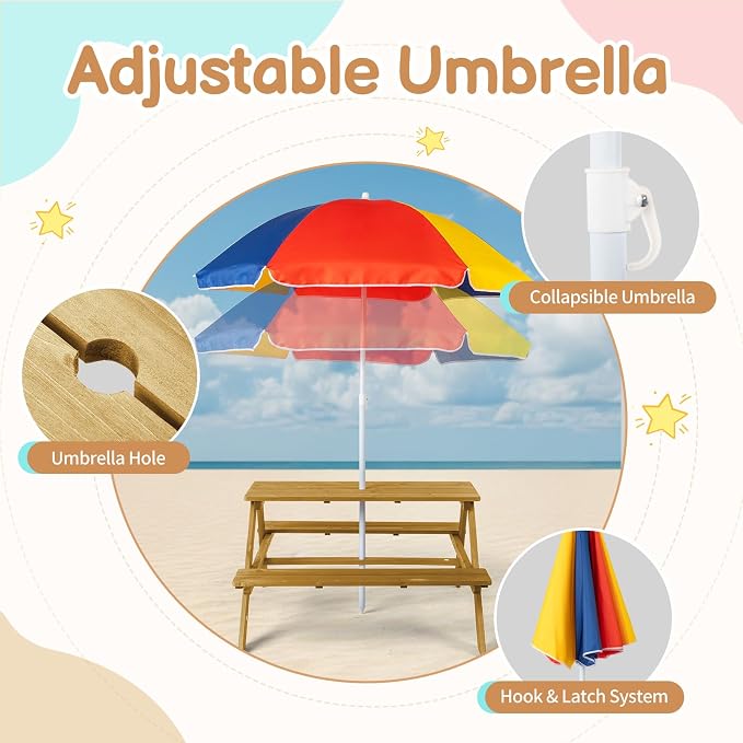 Kids Picnic Table, Wooden Toddler Picnic Table and Chair w/Removable Umbrella, Kids Outdoor Furniture for Patio Garden, Teak
