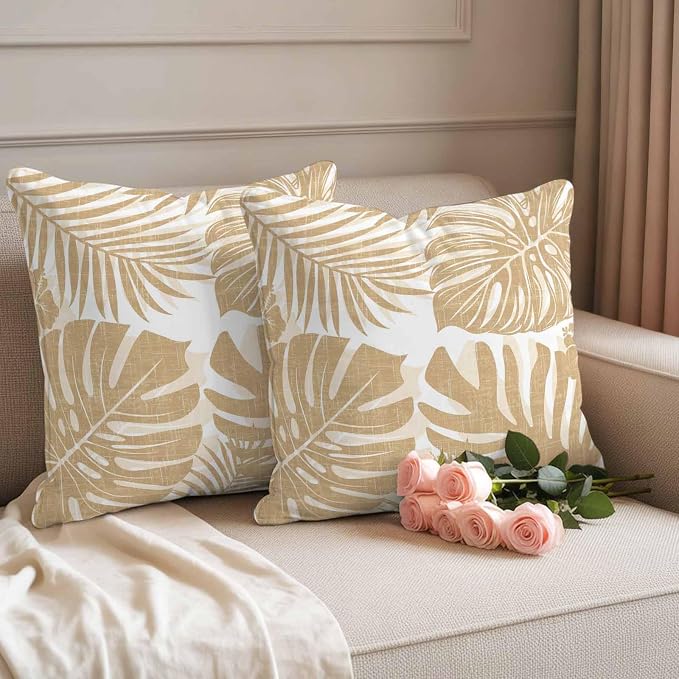 Khaki Palm Leaves Outdoor Pillow Covers 26"x26" Set of 2, Tropical Botanical Minimalist Modern Waterproof Throw Pillow Covers for Patio Furniture, Decorative Cushion Covers for Porch